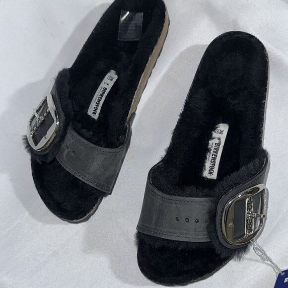 BIRKENSTOCK MADRID SHEARLING BIG BUCKLE SANDALS BLACK NEW NWT - Picture 9 of 12